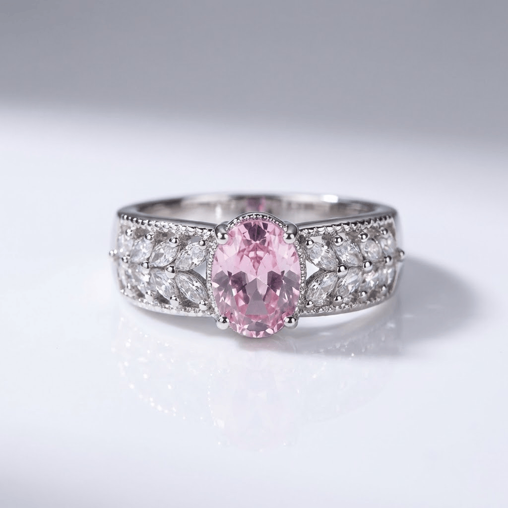 Anel ajustável rosa com banda de cristal rosa da marca Rose & Oliver, mostrado em close com detalhes brilhantes.