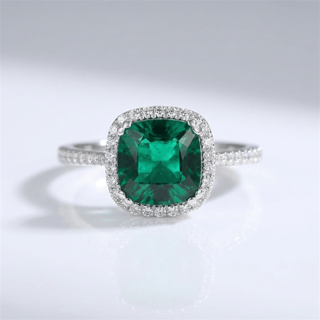 Anillo de burbuja de esmeralda verde con acabado en halo, de la marca Rose & Oliver, mostrando el diseño delicado y brillante.