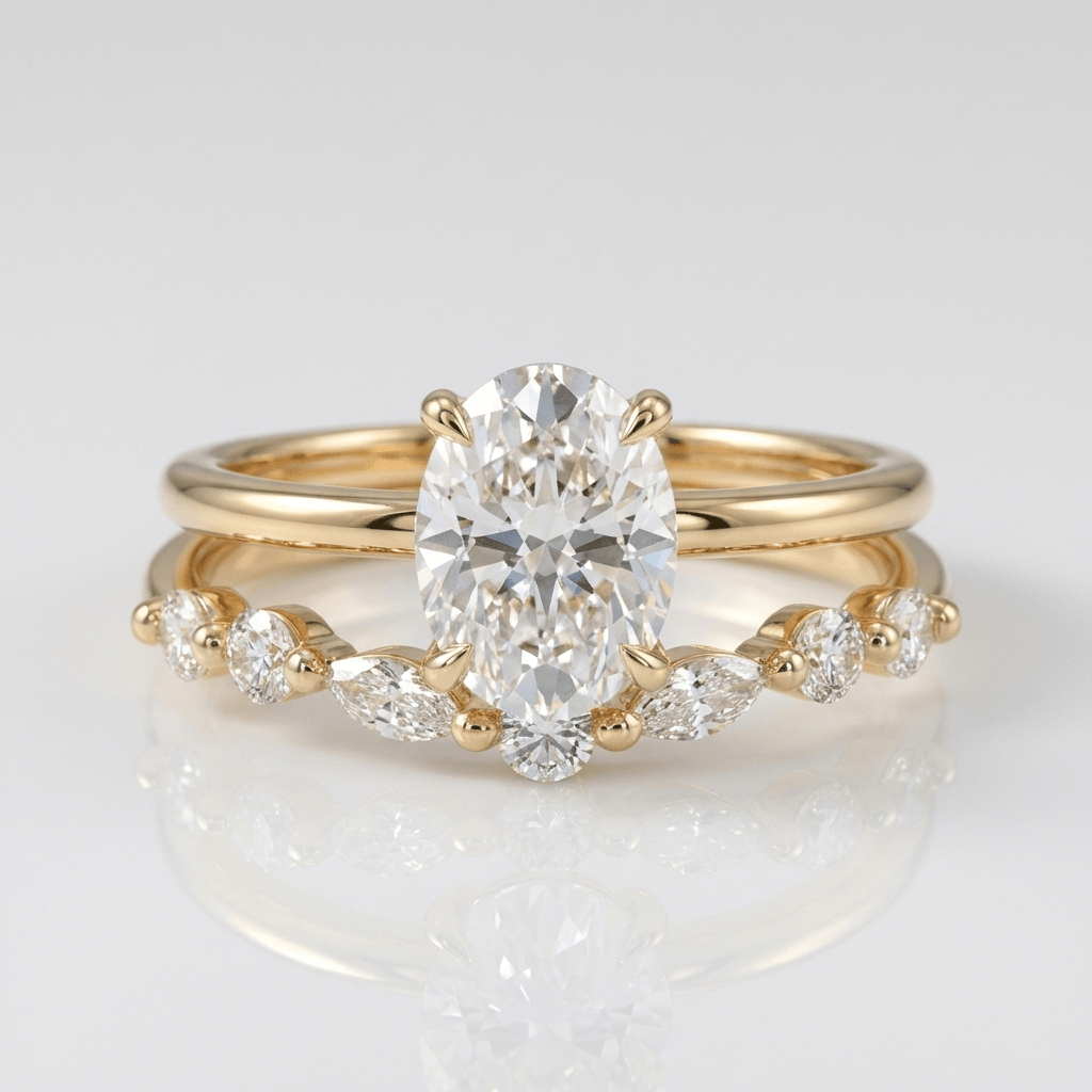 Conjunto de joias Rose & Oliver com anéis de ouro ovalados e diamantes marquise, detalhes elegantes e brilho sofisticado