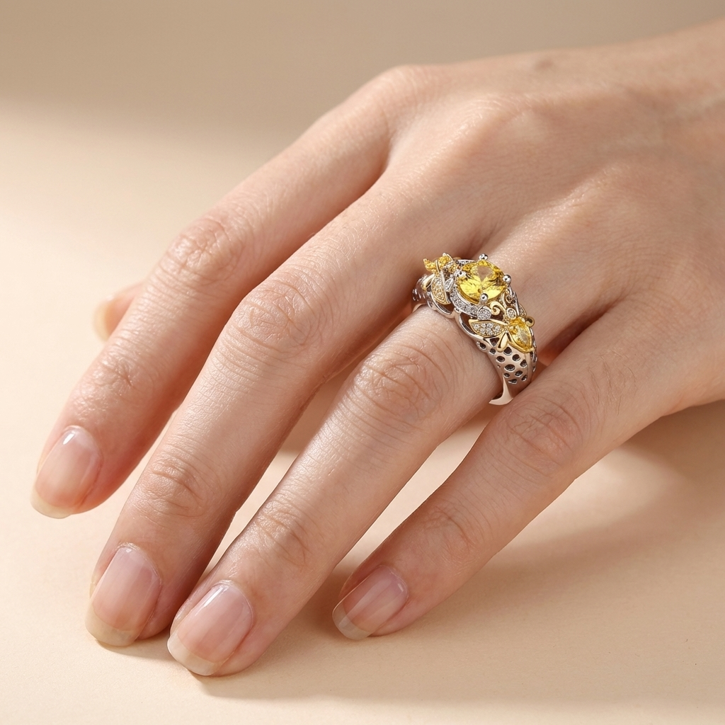 Anel de ouro com design de flor de rosa, da marca Rose & Oliver, exibido em close com detalhes delicados.