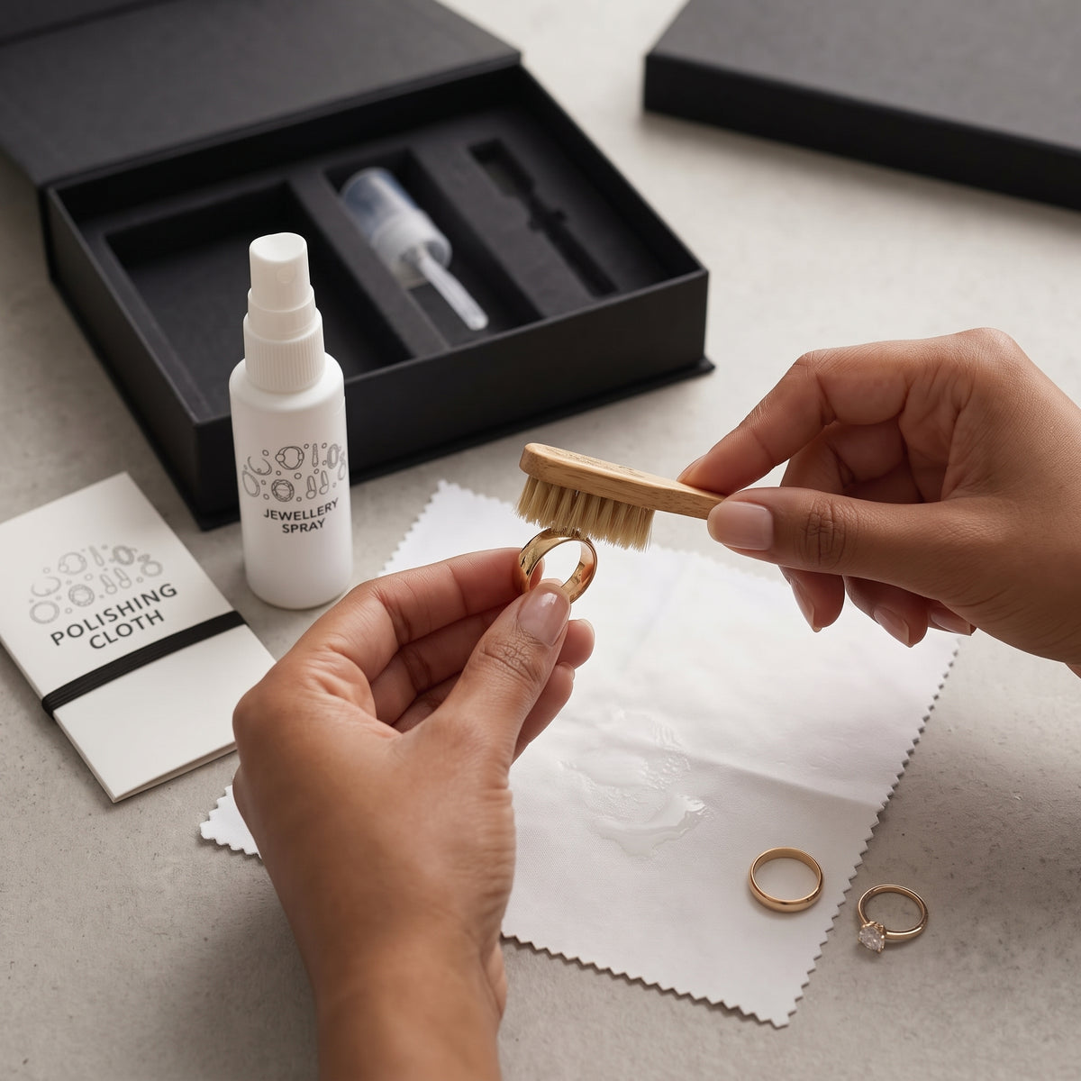 Kit completo de cuidados para joias Rose & Oliver com escovas, limpador e acessórios para manter joias brilhantes e limpas.